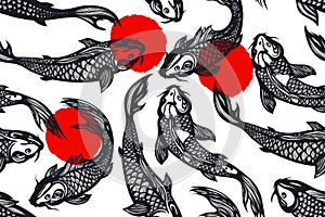 Seamless pattern with koi carp fish, spots. Pond. Background in the Chinese style. Hand drawn.