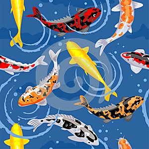 Seamless pattern with a koi fish pond. Koi carps. Seamless pattern with golden, red and black koi carps on background of