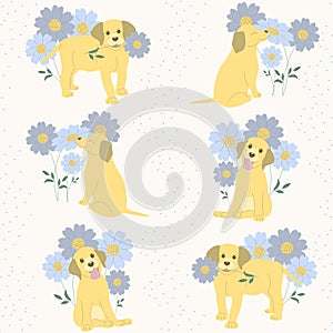 Seamless pattern labrador puppies in different poses on a light background of flowers