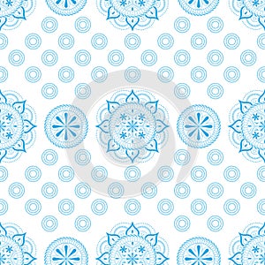 Seamless pattern with lace ornament in pastel light blue colors on a white background