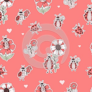 Seamless pattern with ladybug character. Funny insects ladybird with flowers on pink background. Vector illustration