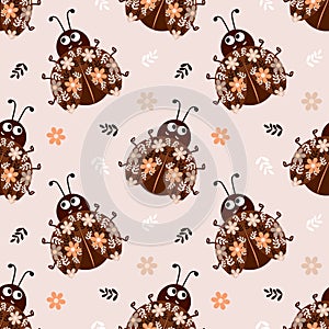 Seamless pattern, ladybugs decorated with flowers and leaves on a gentle background. Wallpaper, background, textile