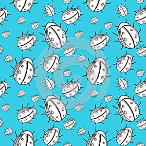 Seamless pattern with ladybugs in doodle style, on a blue background