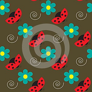 Seamless pattern with ladybugs and flowers on the brown background