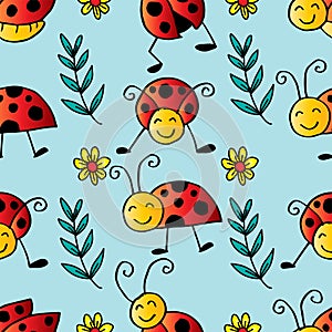 Seamless pattern with ladybugs and flowers.