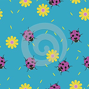 Seamless pattern with ladybugs and flowers. Vector graphics