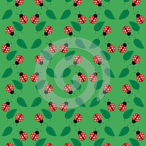 Seamless pattern with ladybugs and leaves