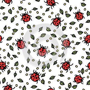 Seamless pattern with ladybugs and leaves