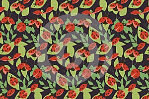 Seamless pattern ladybugs and leaves on dark color