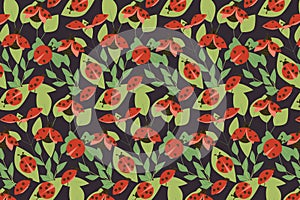 Seamless pattern ladybugs and leaves on dark color photo