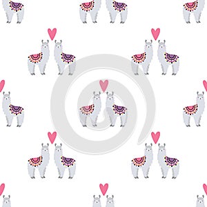 Seamless pattern with lamas in love