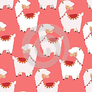 Seamless pattern with white lamas on pink background. photo