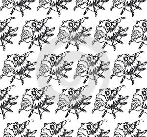 seamless pattern Lambis spider conch Chicoreus aculeatus, large sea snail Unique shells, molluscs Gastropoda. Sketch black contour