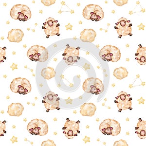 Seamless pattern lambs with moon and stars. Baby sheep, farm. Hand drawn cute gentle print