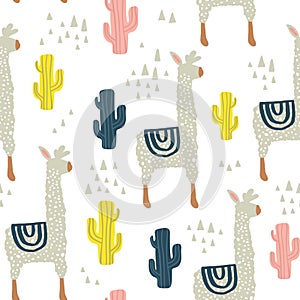 Seamless pattern with lamma, cactus and hand drawn elements. Childish texture. Great for fabric, textile Vector Illustration