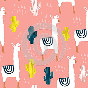 Seamless pattern with lamma, cactus and hand drawn elements. Childish texture. Great for fabric, textile Vector Illustration