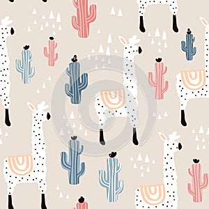 Seamless pattern with lamma, cactus and hand drawn elements. Childish texture. Great for fabric, textile Vector Illustration