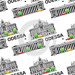 Seamless pattern with landmarks of Odessa. Odesa Opera and Ballet Theatre with City Hall. Green tree with cars photo