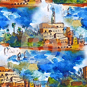 Seamless pattern of landscape - Mediterranean Sea, Watercolor. Old town