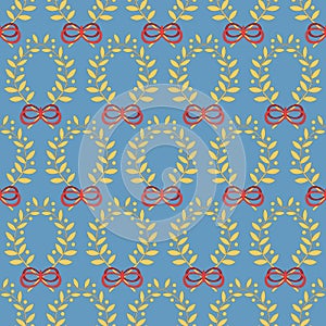 Seamless pattern with laurel wreaths and bows