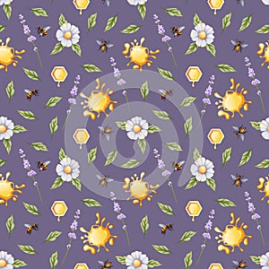 Seamless pattern with lavender branch, honey drops, daisies, bees on a dark background. Texture for wrapping paper, textile,