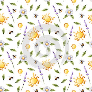 Seamless pattern with lavender branch, honey drops, daisies, bees. Texture for wrapping paper, textile, wallpaper