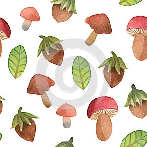 Seamless pattern with leaf, hazelnut and mushroom isolated on white background