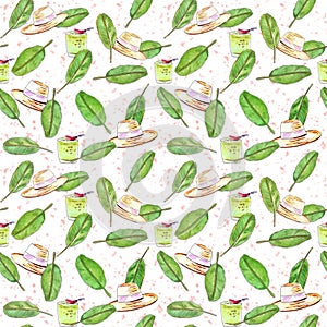Seamless pattern with leaves of a banana tree, summer hat and cocktail. Watercolor illustration
