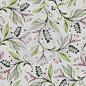 Seamless pattern with leaves and berries in green and broun colors on grey background