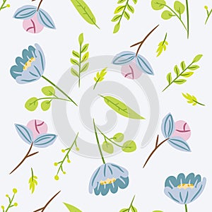 Seamless pattern with leaves and blue flowers. Botanical floral