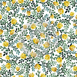 Seamless pattern with leaves, flowers , herbs, tropical plant hand drawn watercolor. Fresh beauty rustic eco friendly background.