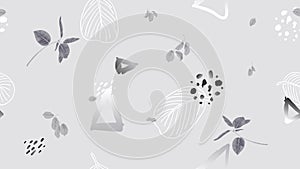 Seamless pattern, leaves and hand drawn graphics on light grey background, soft grey