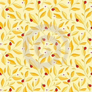 Seamless pattern with leaves, ladybugs and flowers. Cute vector floral background