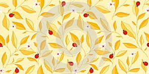 Seamless pattern with leaves, ladybugs and flowers. Cute vector floral background