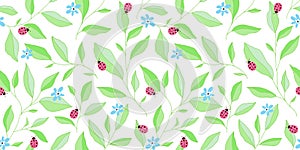 Seamless pattern with leaves, ladybugs and flowers. Cute vector floral background