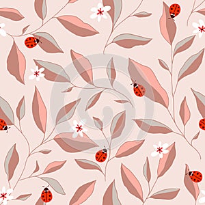 Seamless pattern with leaves, ladybugs and flowers. Cute vector floral background