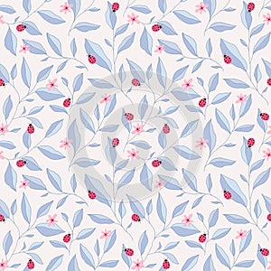 Seamless pattern with leaves, ladybugs and flowers. Cute vector floral background