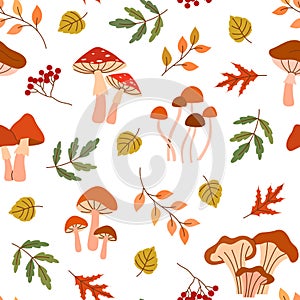 Seamless pattern with leaves and mushrooms.