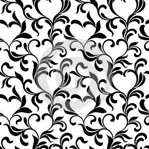 Seamless pattern of leaves and swirls in the form of hearts