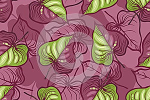 Seamless pattern with leaves of tropical plants.