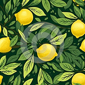 Seamless pattern with lemon fruit, leaves and branches on dark background. Floral backdrop with tropic fruits