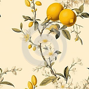 Seamless pattern with lemon fruit, leaves and branches on light background. Floral backdrop with tropic fruits