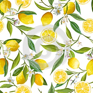 Seamless Pattern. Lemon Fruits Background. Floral Pattern