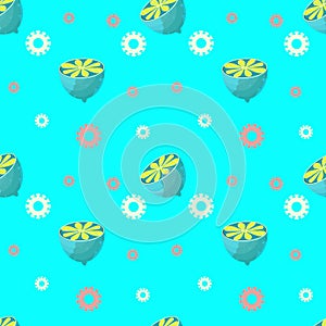 Seamless pattern with lemon and gears on a light blue background. Unusual lemon in the cut. Vector illustration. The pattern for