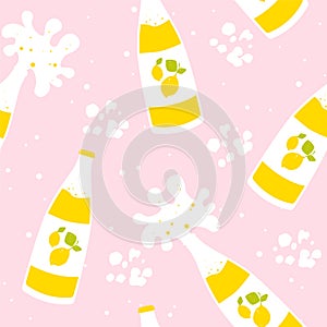 Seamless pattern with lemon juice bottle and splash on pink background. Flat design. Vector