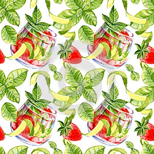 Seamless pattern with lemonades, coctails and fruits on white background. Watercolor hand drawn illustration