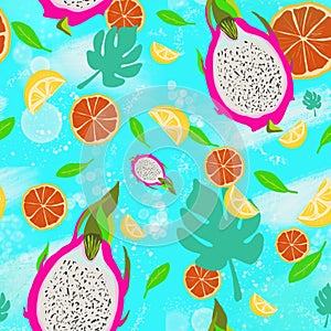 Seamless pattern with lemons, dragon-fruits,  grapefruits and palm leaves on blue background.