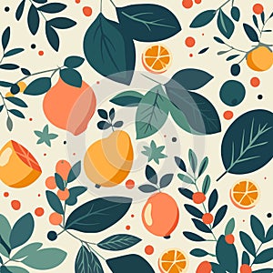 Seamless pattern with lemons fruits and leaves