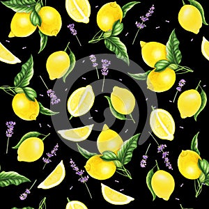 Seamless pattern with lemons, leaves and lavender, watercolor painting.