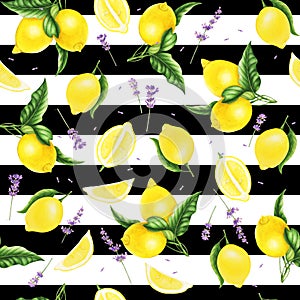 Seamless pattern with lemons, leaves and lavender, watercolor painting.